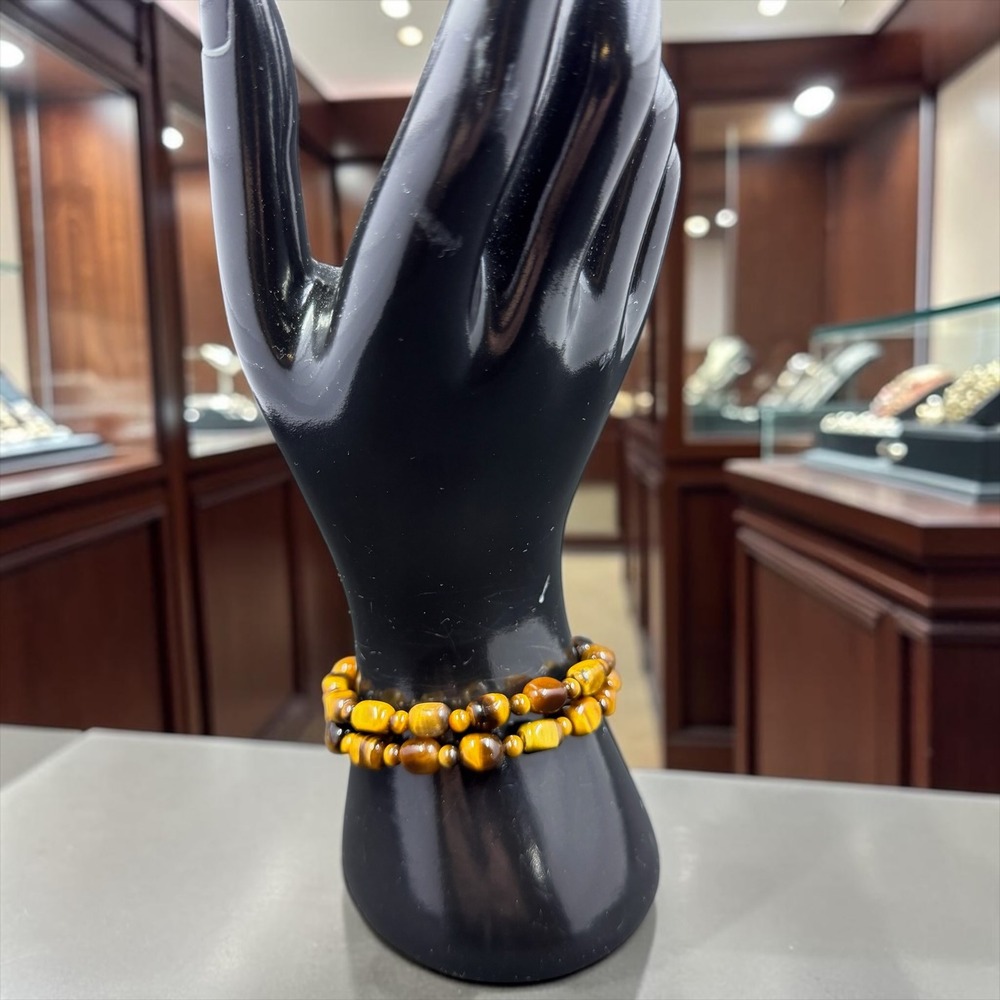 Tiger Eye Gemstone Beaded Stretch Bracelet Set 2 Boho Stackable Brown Gold